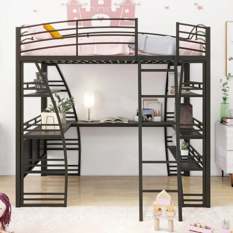 Lit mezzanine double avec étagères à 4 niveaux, bureau en L, prises de courant, ports USB et charge sans fil