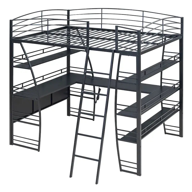 Lit mezzanine double avec étagères à 4 niveaux, bureau en L, prises de courant, ports USB et charge sans fil