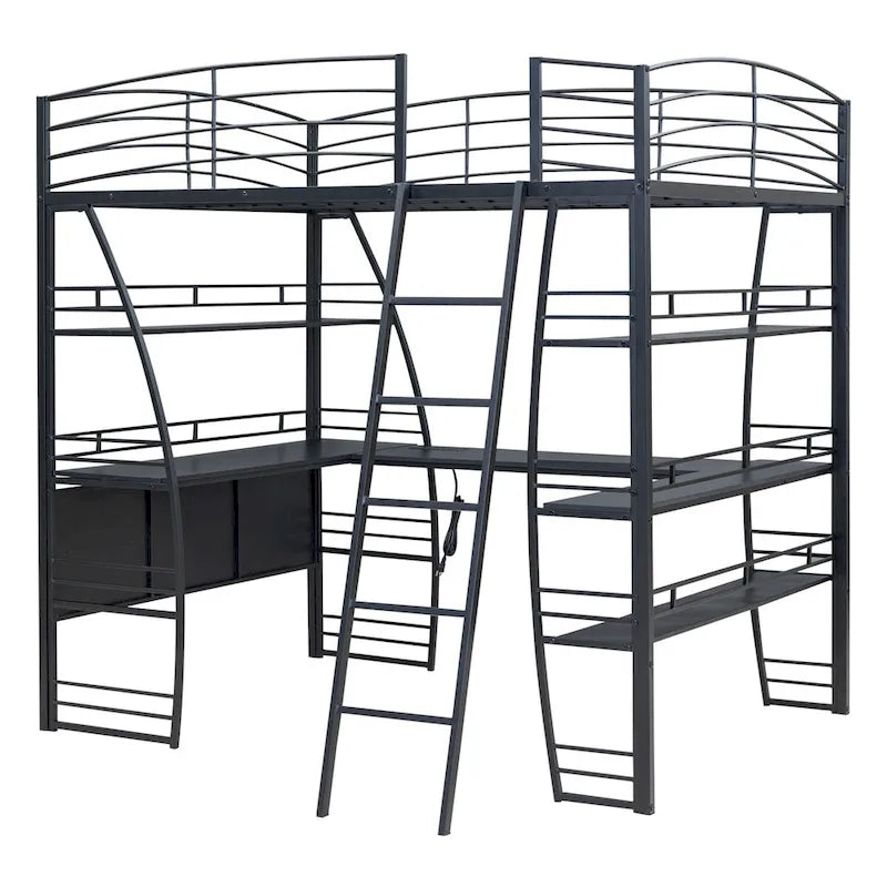 Lit mezzanine double avec étagères à 4 niveaux, bureau en L, prises de courant, ports USB et charge sans fil