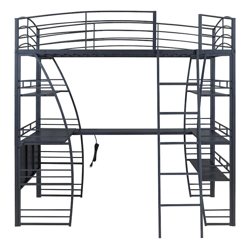 Lit mezzanine double avec étagères à 4 niveaux, bureau en L, prises de courant, ports USB et charge sans fil
