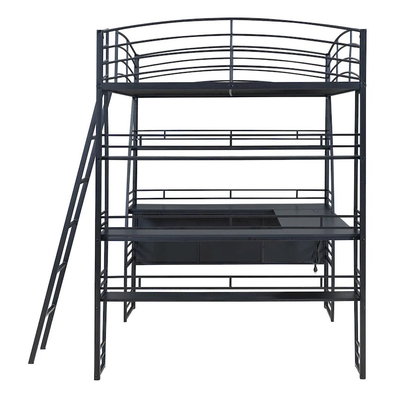 Lit mezzanine double avec étagères à 4 niveaux, bureau en L, prises de courant, ports USB et charge sans fil