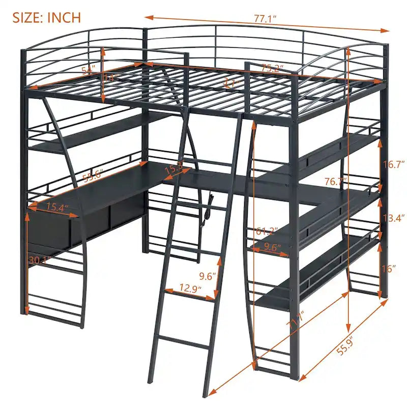 Lit mezzanine double avec étagères à 4 niveaux, bureau en L, prises de courant, ports USB et charge sans fil