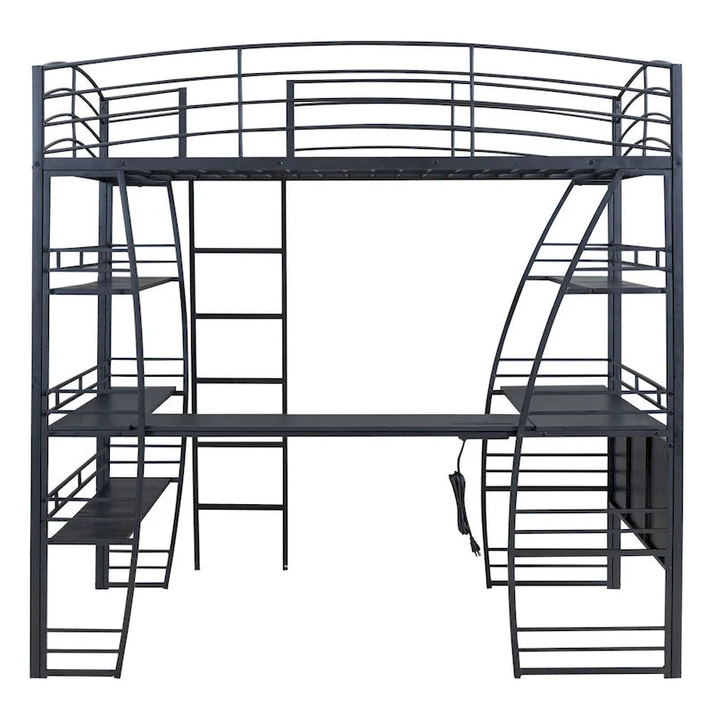 Lit mezzanine double avec étagères à 4 niveaux, bureau en L, prises de courant, ports USB et charge sans fil