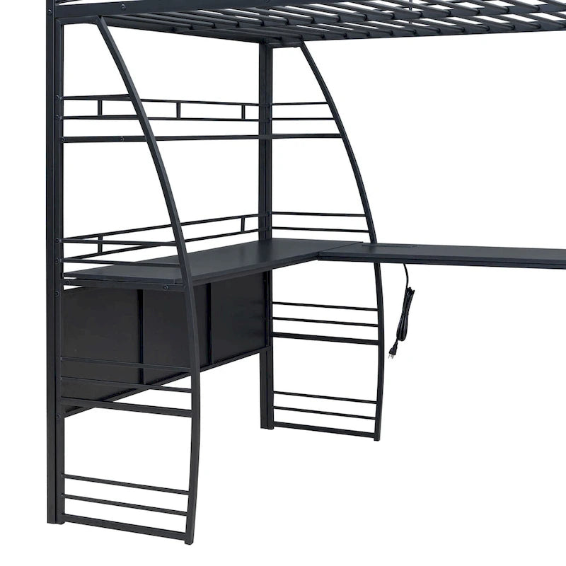 Lit mezzanine double avec étagères à 4 niveaux, bureau en L, prises de courant, ports USB et charge sans fil