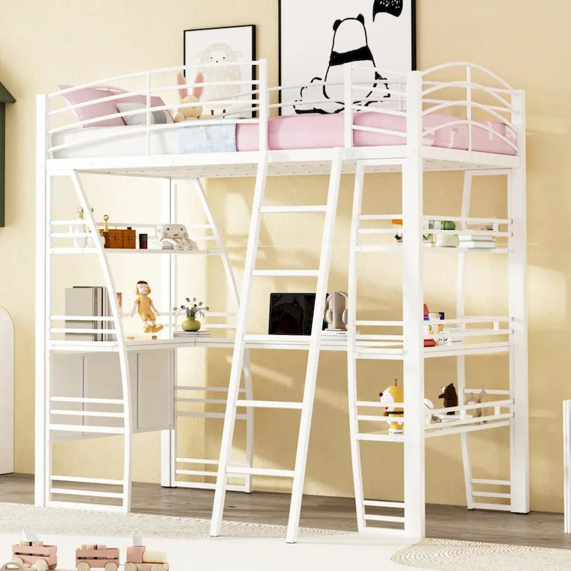 Lit mezzanine double avec étagères à 4 niveaux, bureau en L, prises de courant, ports USB et charge sans fil