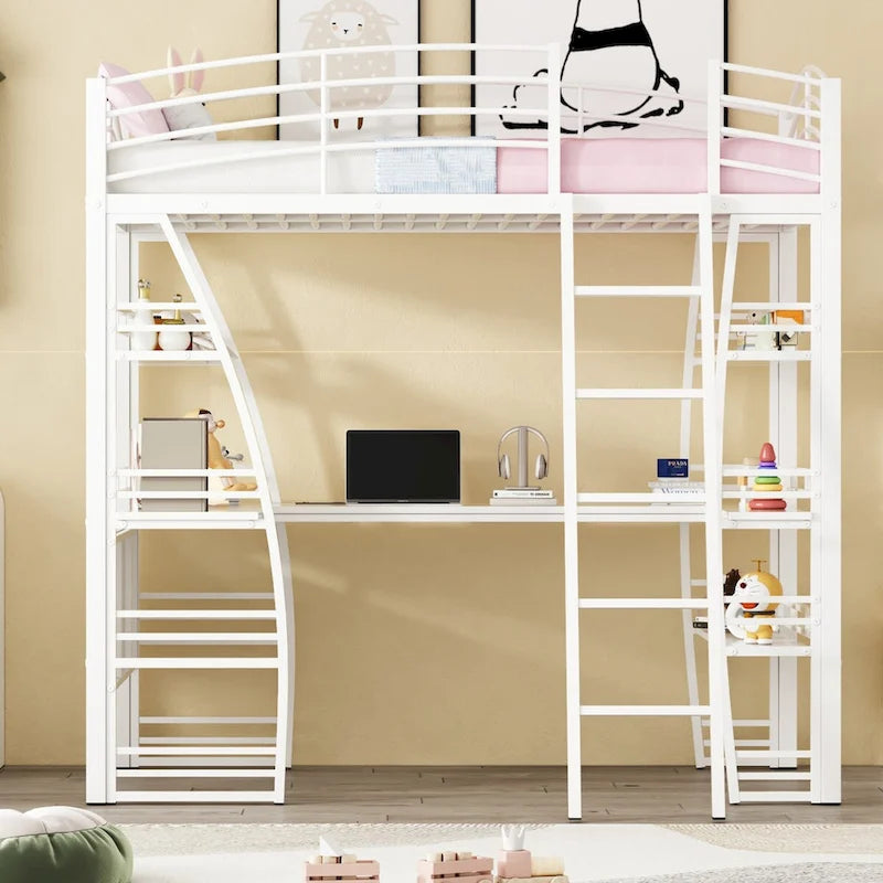 Lit mezzanine double avec étagères à 4 niveaux, bureau en L, prises de courant, ports USB et charge sans fil
