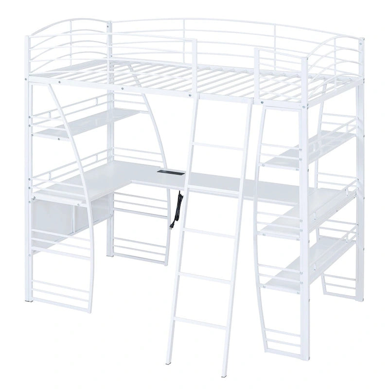 Lit mezzanine double avec étagères à 4 niveaux, bureau en L, prises de courant, ports USB et charge sans fil