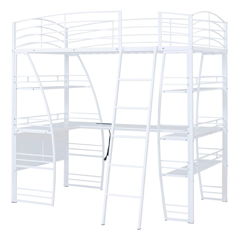 Lit mezzanine double avec étagères à 4 niveaux, bureau en L, prises de courant, ports USB et charge sans fil