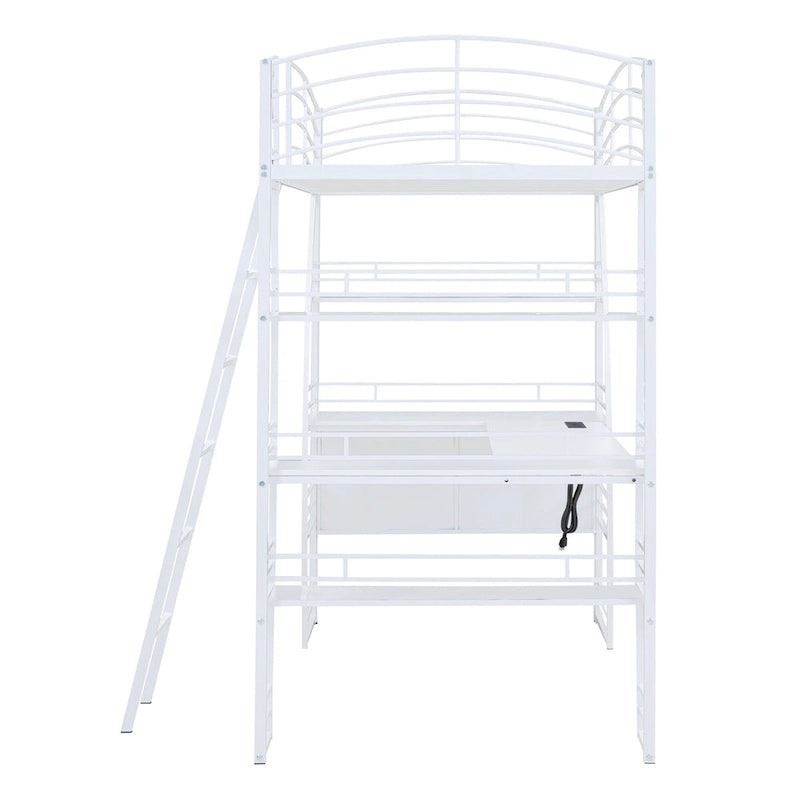 Lit mezzanine double avec étagères à 4 niveaux, bureau en L, prises de courant, ports USB et charge sans fil