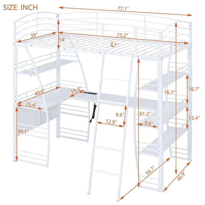 Lit mezzanine double avec étagères à 4 niveaux, bureau en L, prises de courant, ports USB et charge sans fil