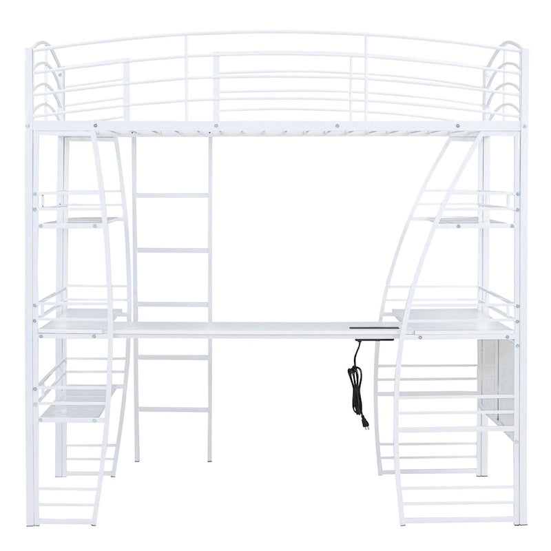Lit mezzanine double avec étagères à 4 niveaux, bureau en L, prises de courant, ports USB et charge sans fil
