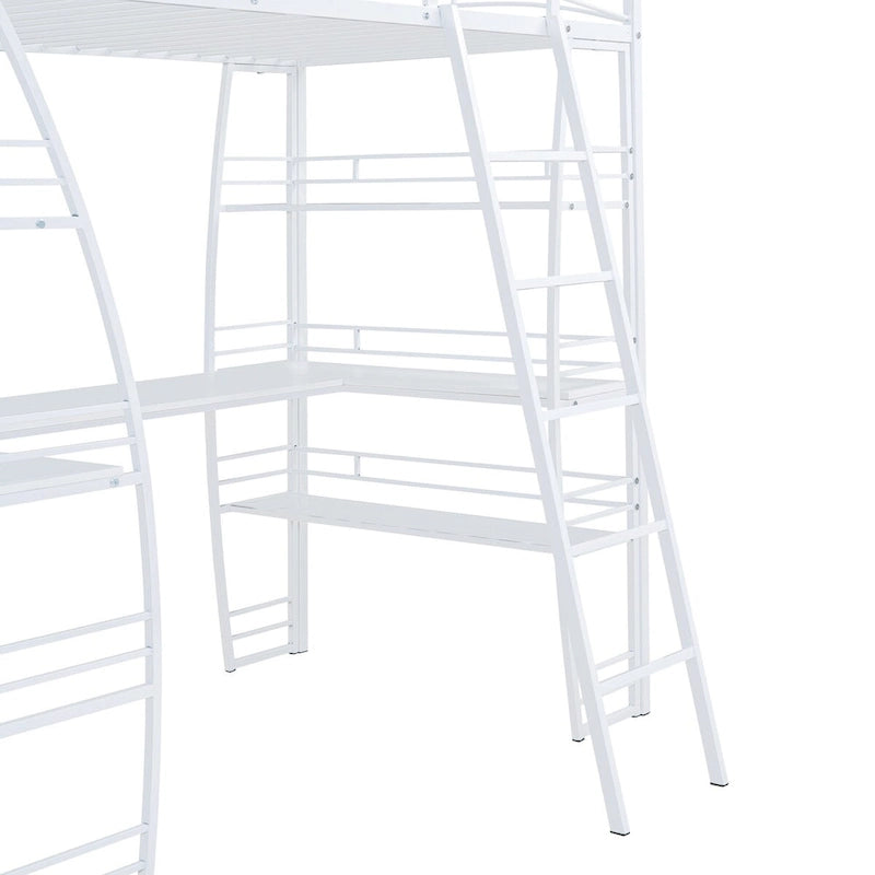 Lit mezzanine double avec étagères à 4 niveaux, bureau en L, prises de courant, ports USB et charge sans fil