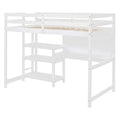White Wooden Loft Bed with 3-Layer Shelves, Desk, and Writing Board, Full-Length Guardrail