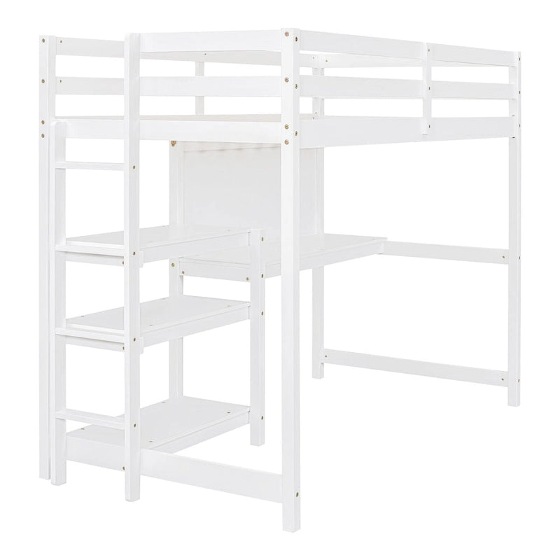 Lit mezzanine en bois blanc avec étagères à 3 niveaux, bureau, tableau d'écriture et garde-corps pleine longueur