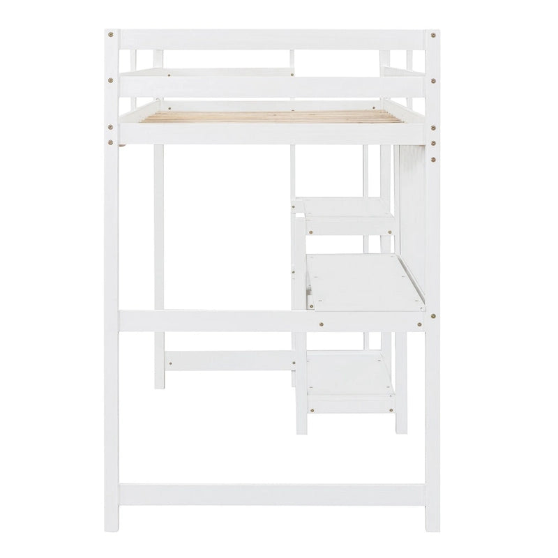 Lit mezzanine en bois blanc avec étagères à 3 niveaux, bureau, tableau d'écriture et garde-corps pleine longueur