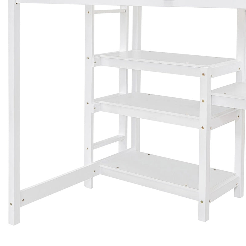Lit mezzanine en bois blanc avec étagères à 3 niveaux, bureau, tableau d'écriture et garde-corps pleine longueur