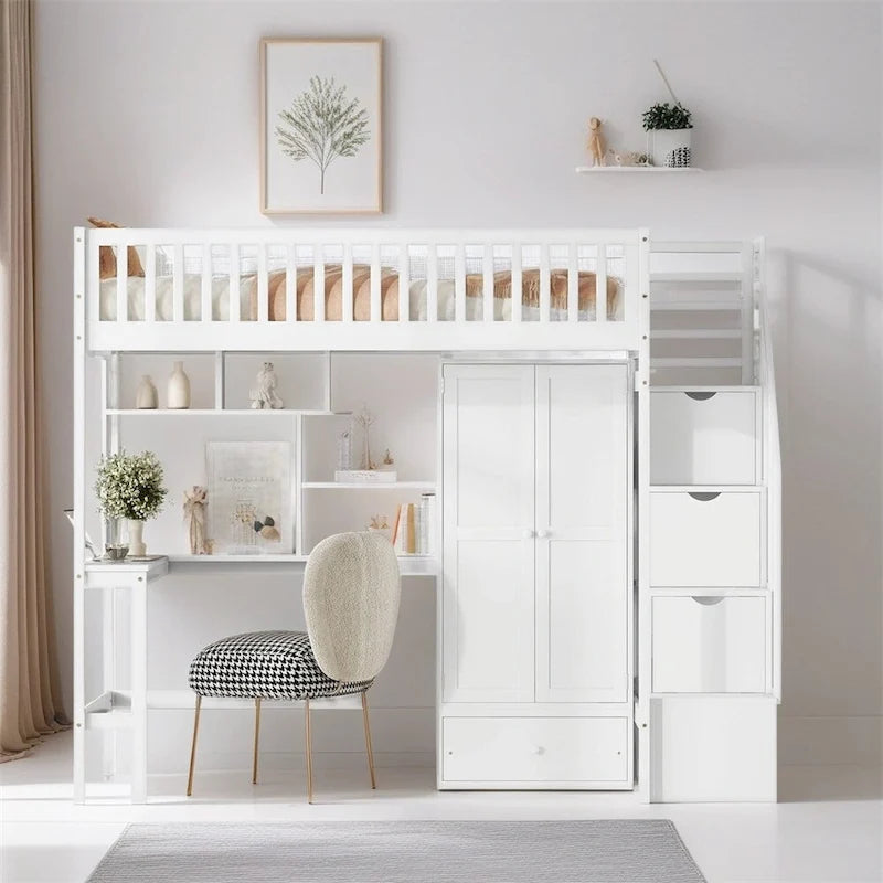 Lit mezzanine jumeau avec étagère, tiroirs, bureau et armoire
