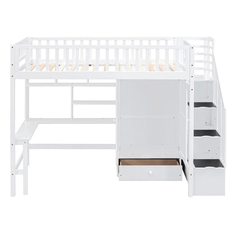 Lit mezzanine jumeau avec étagère, tiroirs, bureau et armoire
