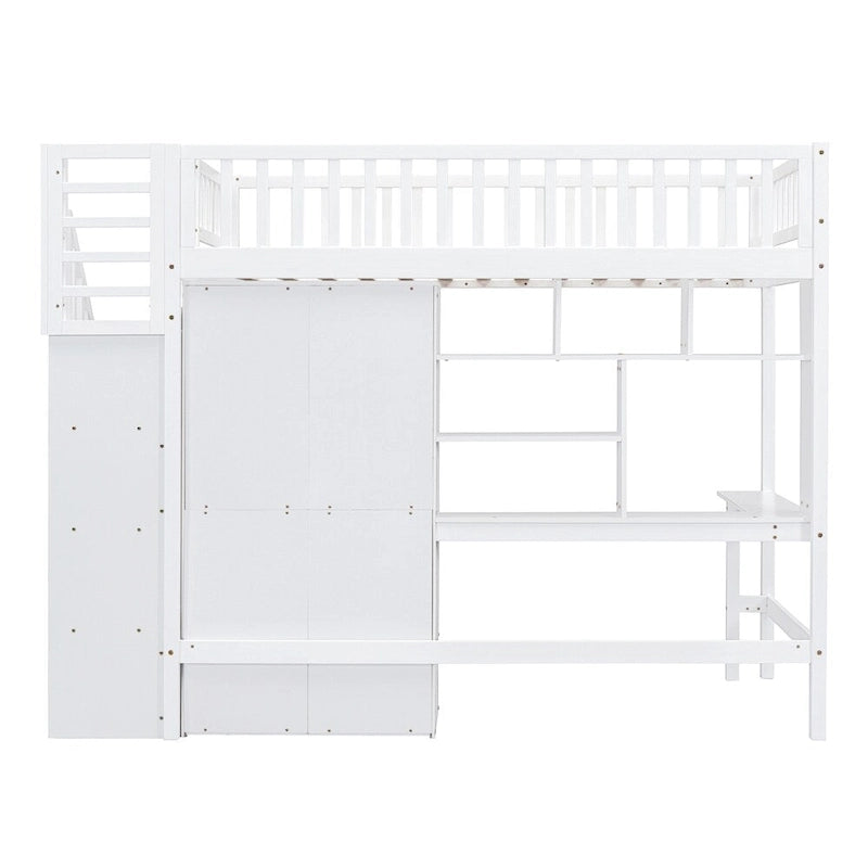 Lit mezzanine jumeau avec étagère, tiroirs, bureau et armoire