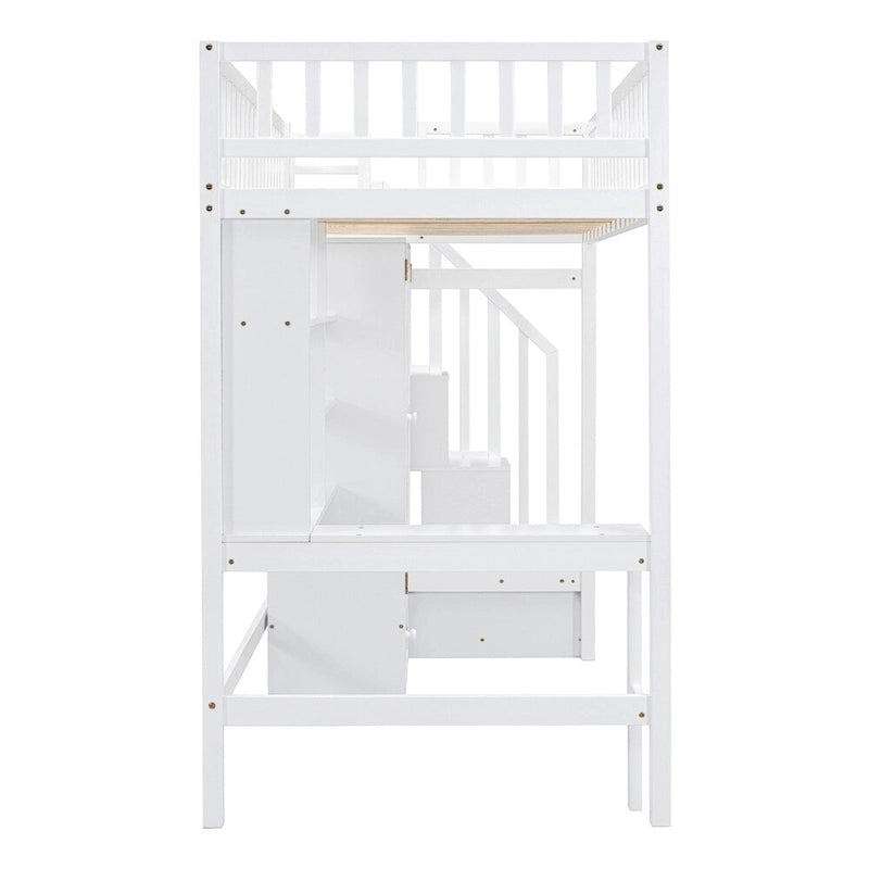 Lit mezzanine jumeau avec étagère, tiroirs, bureau et armoire