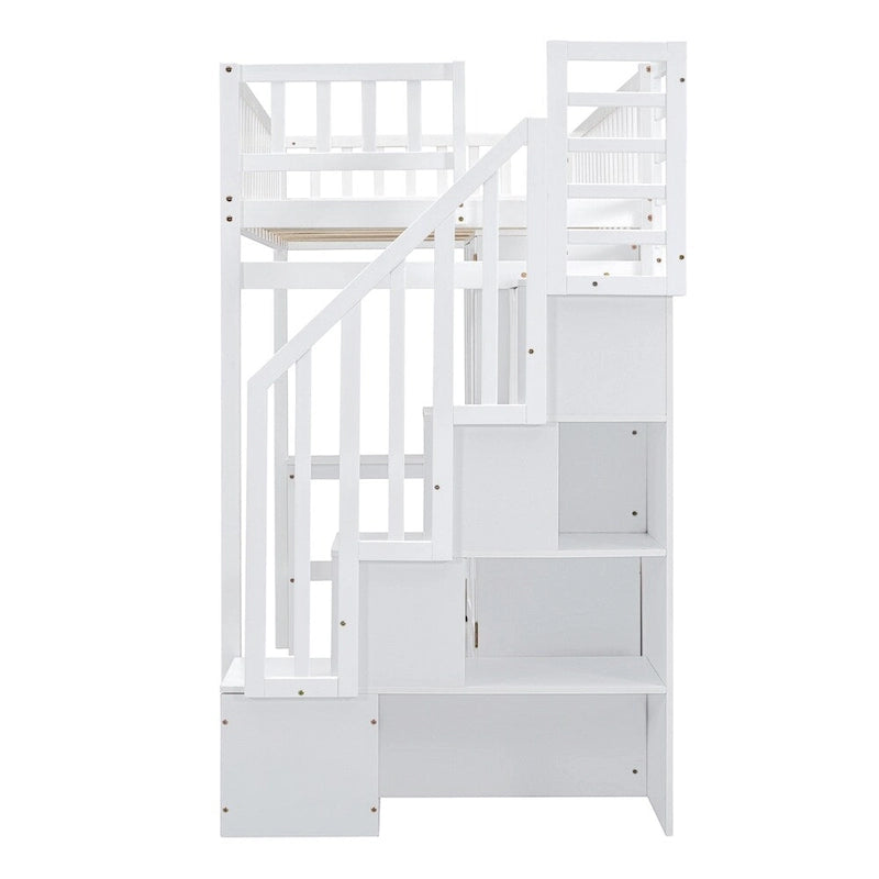 Lit mezzanine jumeau avec étagère, tiroirs, bureau et armoire