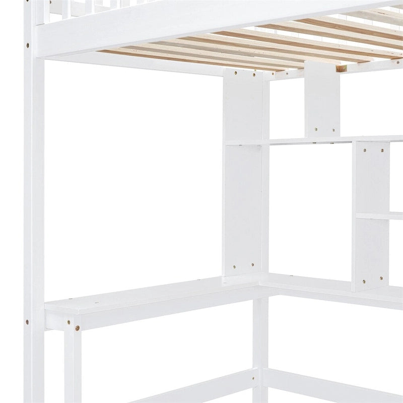 Lit mezzanine jumeau avec étagère, tiroirs, bureau et armoire