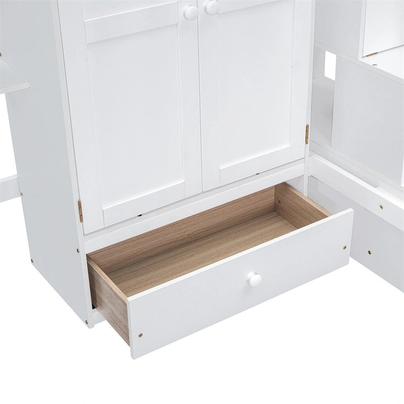 Lit mezzanine jumeau avec étagère, tiroirs, bureau et armoire