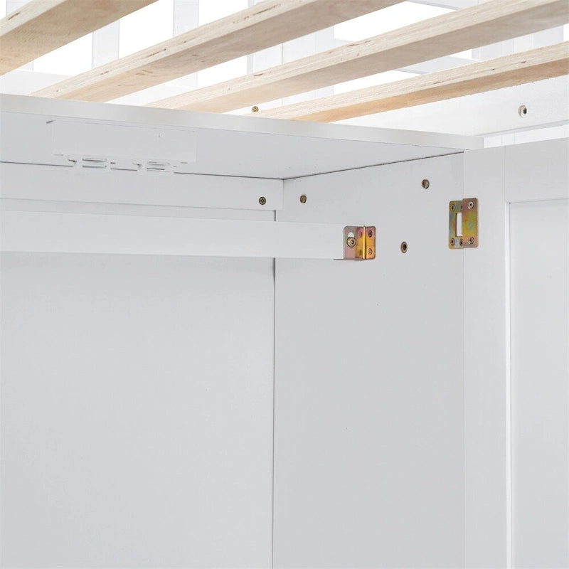Lit mezzanine jumeau avec étagère, tiroirs, bureau et armoire