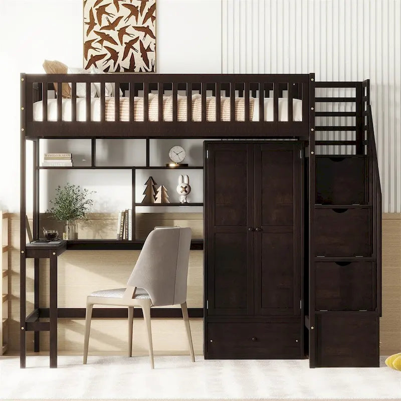 Lit mezzanine jumeau avec étagère, tiroirs, bureau et armoire