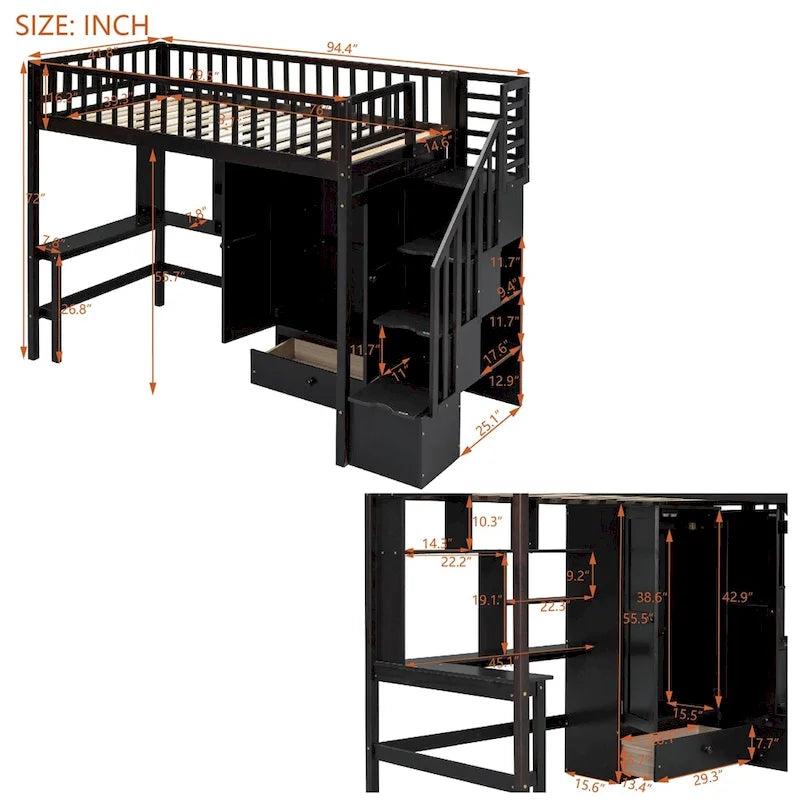 Lit mezzanine jumeau avec étagère, tiroirs, bureau et armoire