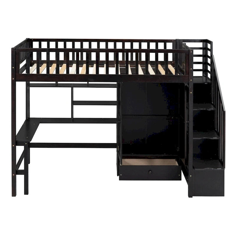 Lit mezzanine jumeau avec étagère, tiroirs, bureau et armoire