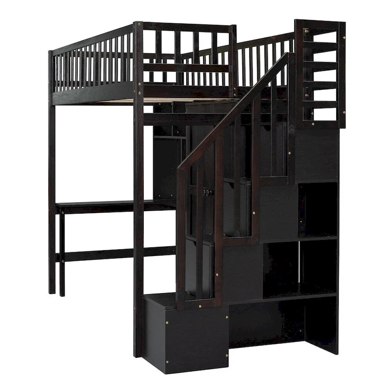 Lit mezzanine jumeau avec étagère, tiroirs, bureau et armoire