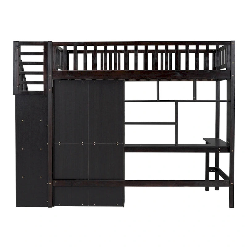 Lit mezzanine jumeau avec étagère, tiroirs, bureau et armoire