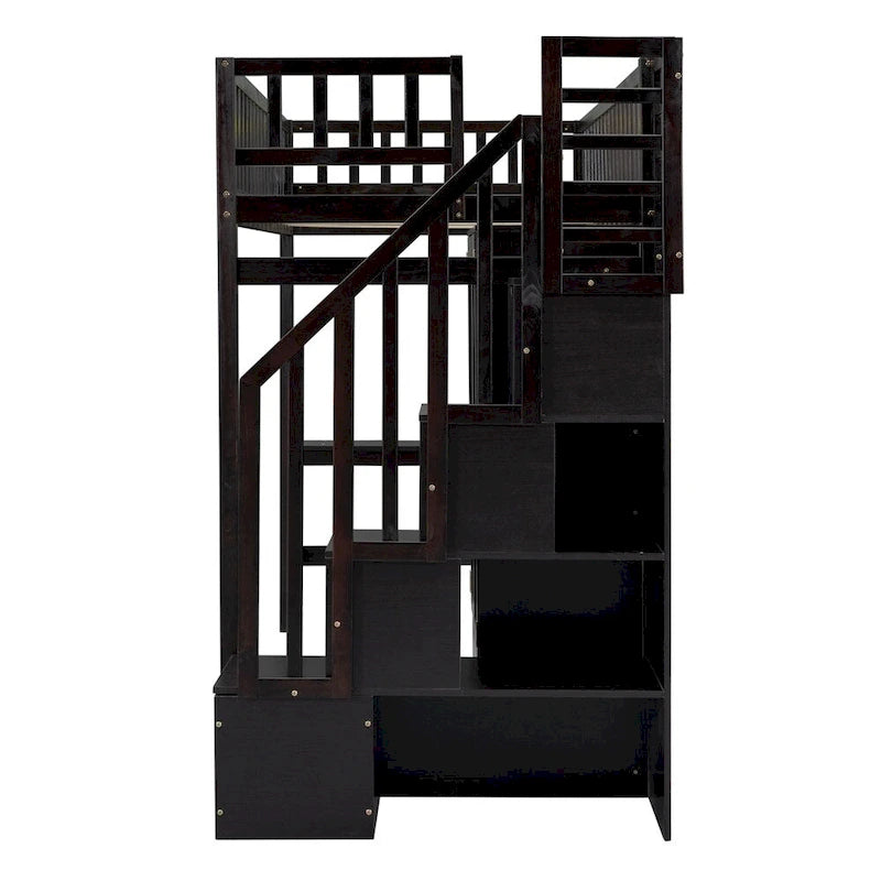 Lit mezzanine jumeau avec étagère, tiroirs, bureau et armoire