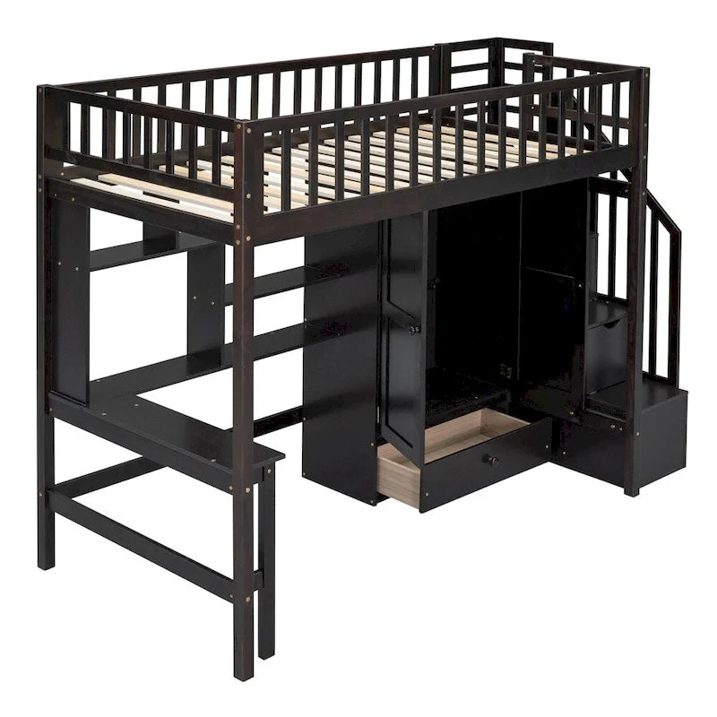 Lit mezzanine jumeau avec étagère, tiroirs, bureau et armoire