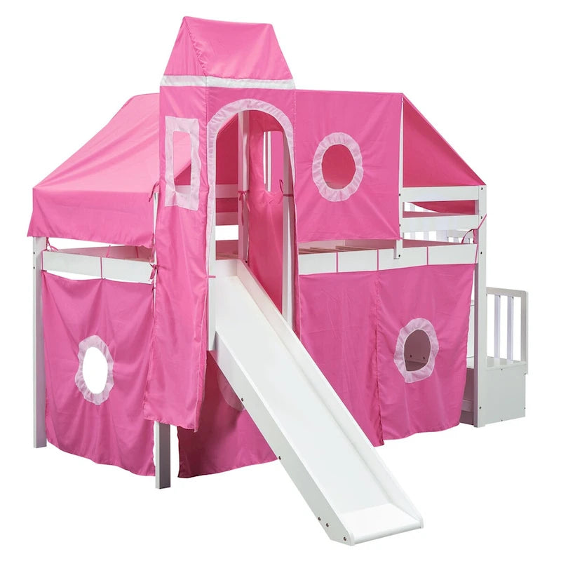 Lit mezzanine en pin rose avec escalier de rangement, toboggan, tente, tour et barrière de sécurité sur toute la longueur