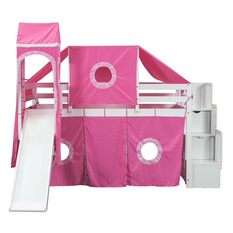 Lit mezzanine en pin rose avec escalier de rangement, toboggan, tente, tour et barrière de sécurité sur toute la longueur