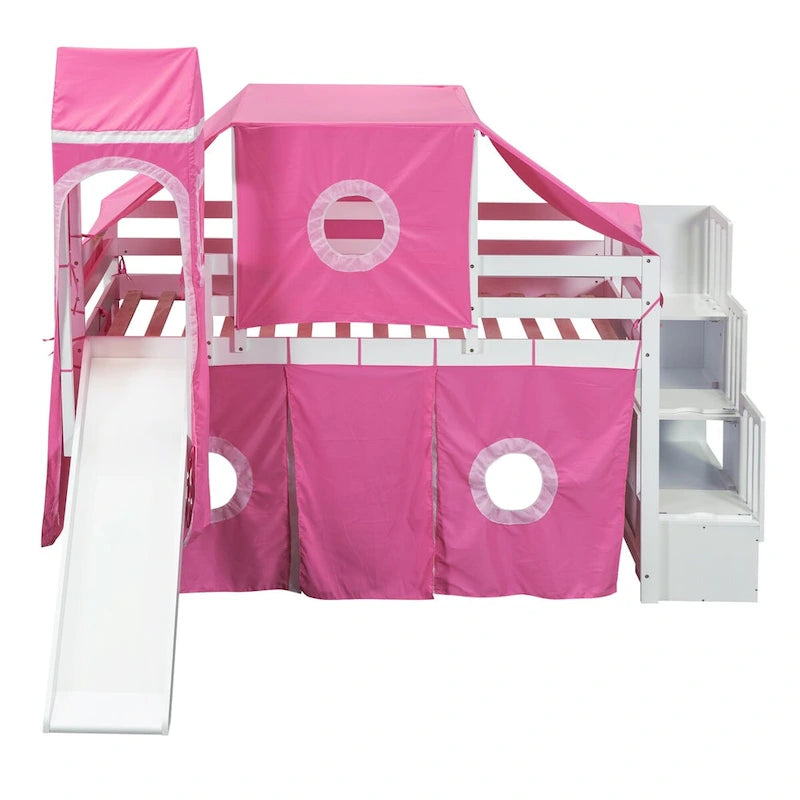 Lit mezzanine en pin rose avec escalier de rangement, toboggan, tente, tour et barrière de sécurité sur toute la longueur