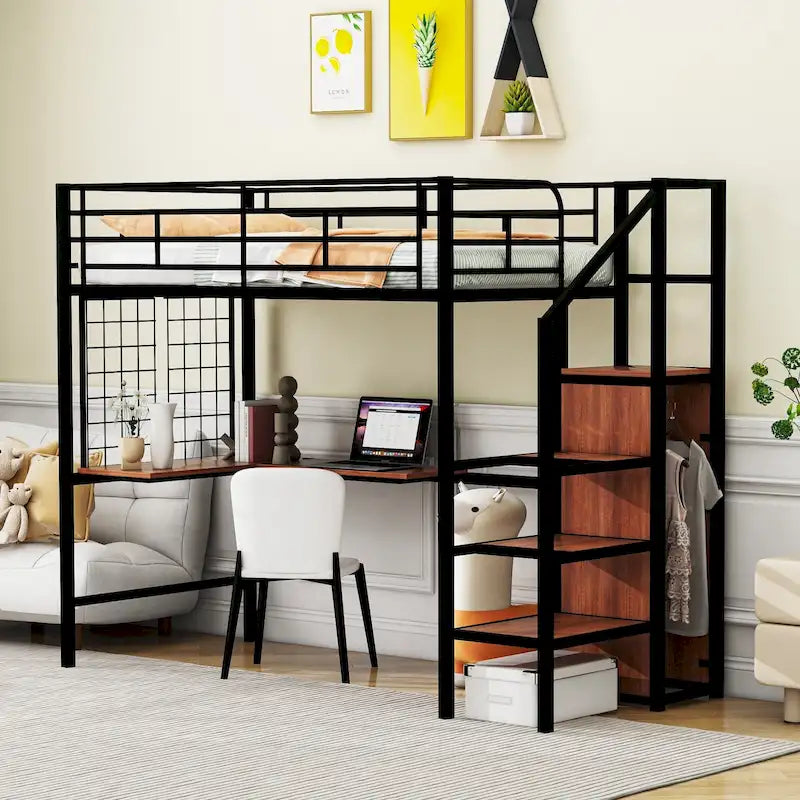 Twin Size Metal Loft Bed with Desk, Storage Ladder and Wardrobe