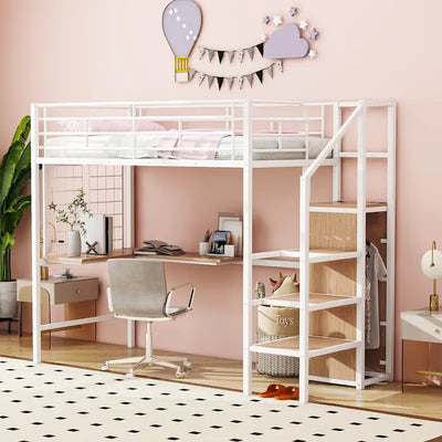 Twin Size Metal Loft Bed with Desk, Storage Ladder and Wardrobe