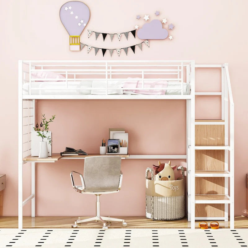 Twin Size Metal Loft Bed with Desk, Storage Ladder and Wardrobe