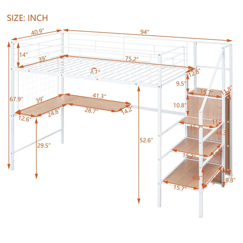 Twin Size Metal Loft Bed with Desk, Storage Ladder and Wardrobe