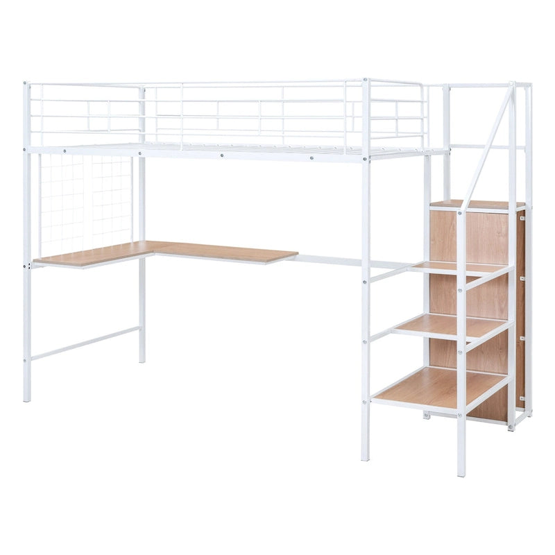 Twin Size Metal Loft Bed with Desk, Storage Ladder and Wardrobe