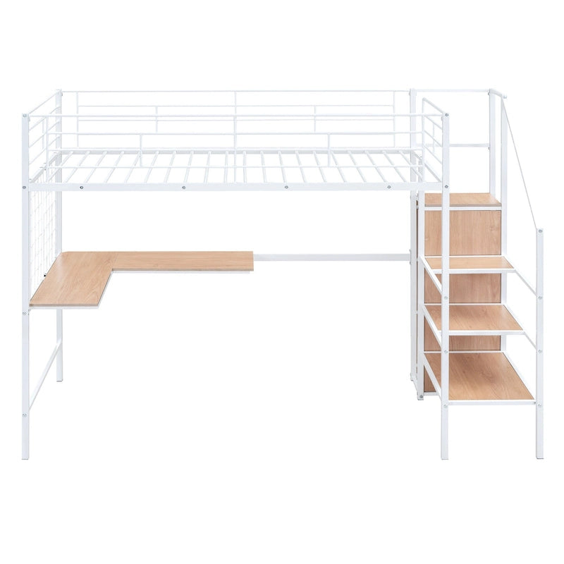 Twin Size Metal Loft Bed with Desk, Storage Ladder and Wardrobe