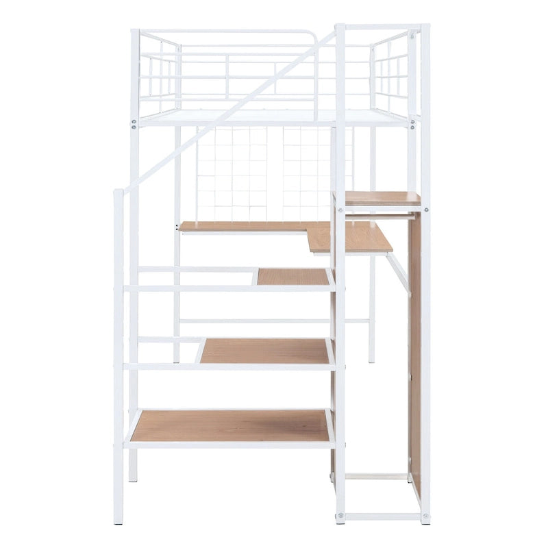 Twin Size Metal Loft Bed with Desk, Storage Ladder and Wardrobe