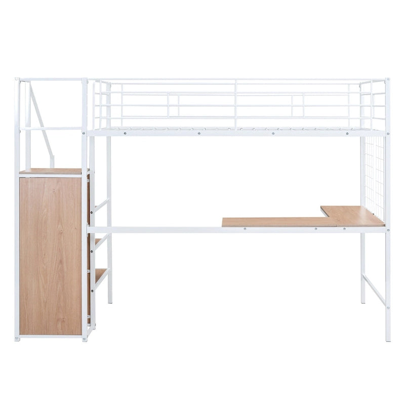 Twin Size Metal Loft Bed with Desk, Storage Ladder and Wardrobe