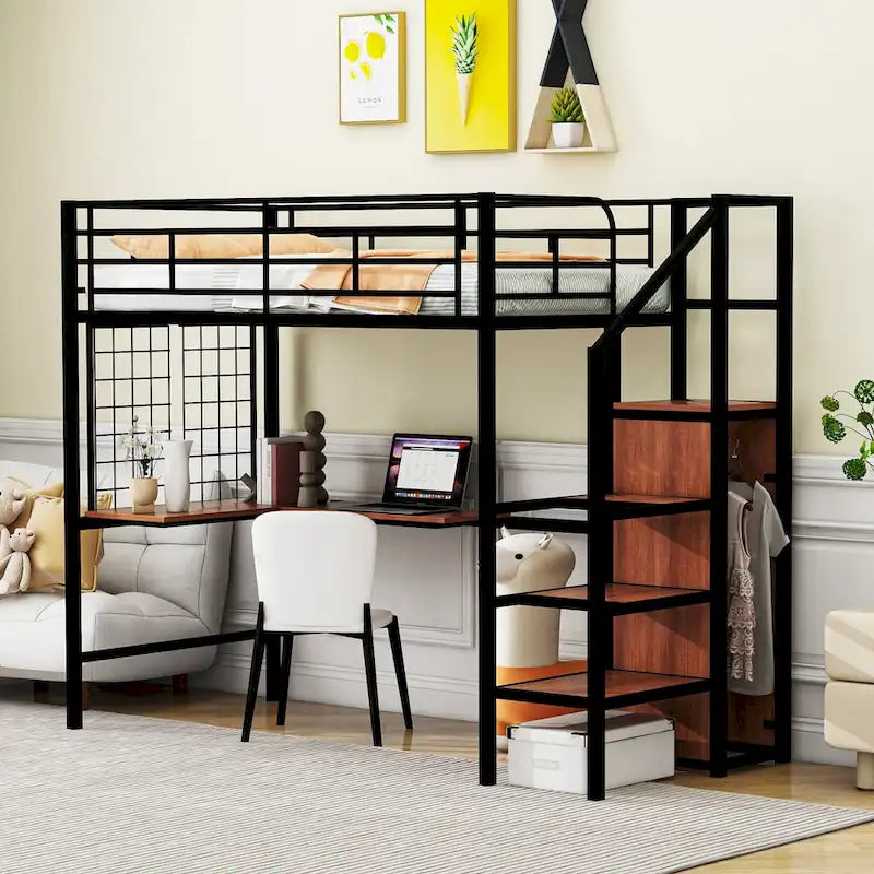 Twin Size Metal Loft Bed with Desk, Storage Ladder and Wardrobe