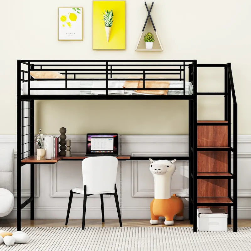 Twin Size Metal Loft Bed with Desk, Storage Ladder and Wardrobe