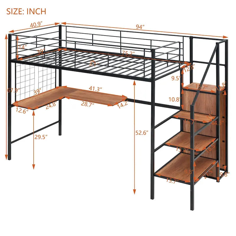Twin Size Metal Loft Bed with Desk, Storage Ladder and Wardrobe