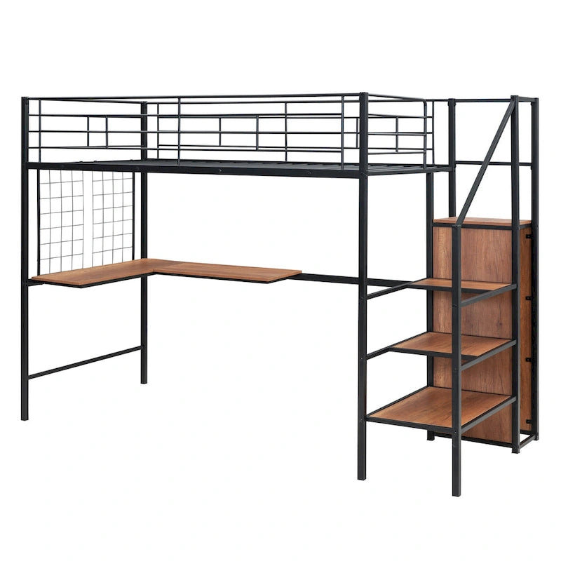 Twin Size Metal Loft Bed with Desk, Storage Ladder and Wardrobe